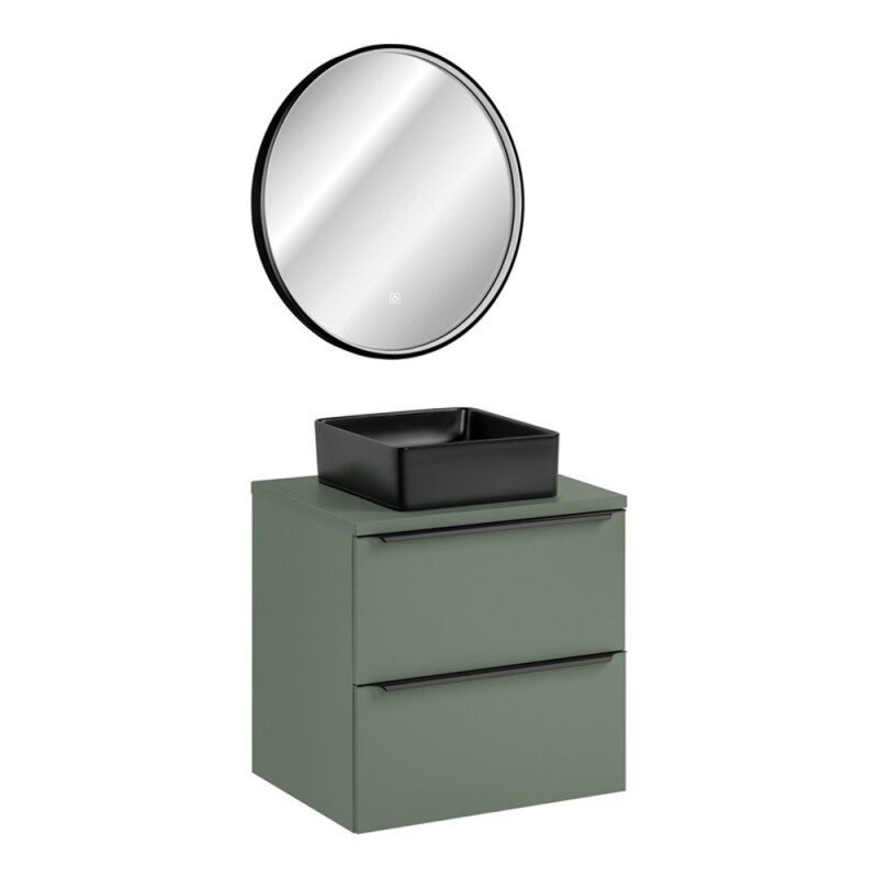 Set mobilier de baie Sombra Green, PAL melaminat, verde olive, blat verde olive, L.60 cm, lavoar Slim, oglinda LED, SET-SOG B GREEN 60CM UN SLIM-BL LU