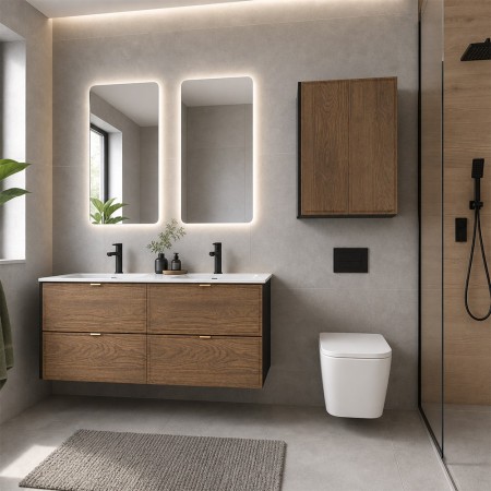 Set mobilier de baie Talia Casella, MDF, PAL melaminat, negru mat/stejar casella, lavoar Sky, L.120 cm, oglinzi LED, vas de toaleta, 2 semicoloane H.80 cm, SET-TC 120CM UM SKY 1 2SP