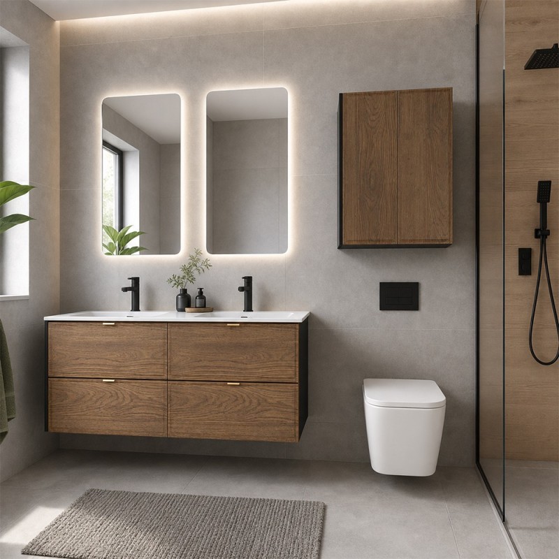 Set mobilier de baie Talia Casella, MDF, PAL melaminat, negru mat/stejar casella, lavoar Sky, L.120 cm, oglinzi LED, vas de toaleta, 2 semicoloane H.80 cm, SET-TC 120CM UM SKY 1 2SP