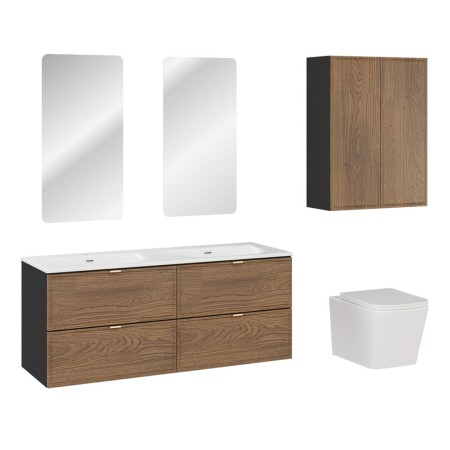 Set mobilier de baie Talia Casella, MDF, PAL melaminat, negru mat/stejar casella, lavoar Sky, L.120 cm, oglinzi LED, vas de toaleta, 2 semicoloane H.80 cm, SET-TC 120CM UM SKY 1 2SP