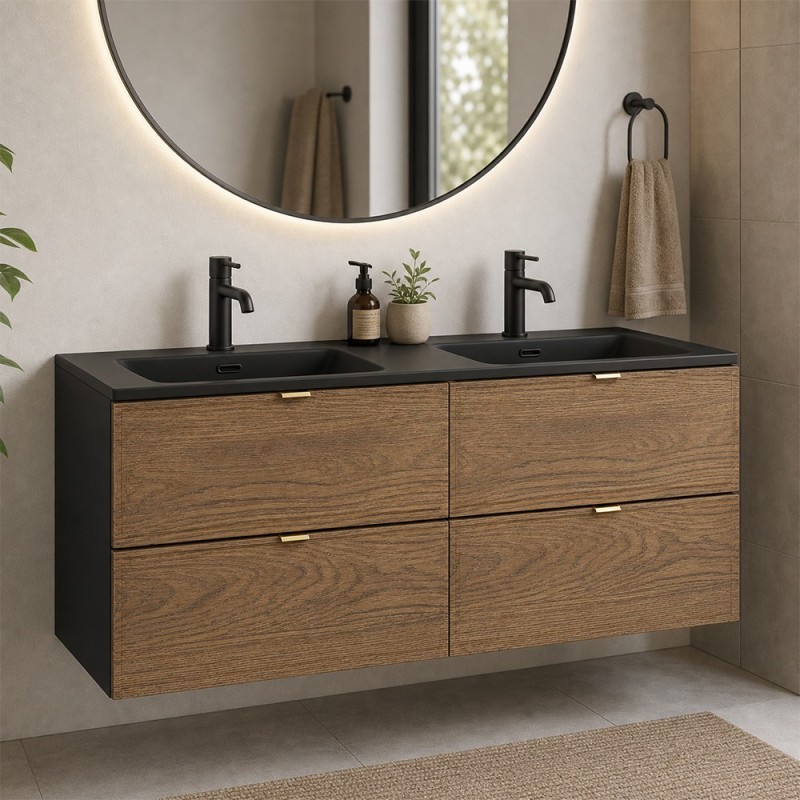 Set mobilier de baie Talia Casella, MDF, PAL melaminat, negru mat/stejar casella, lavoar Sky, L.120 cm, SET-TC 120CM UM SKY 1 BM