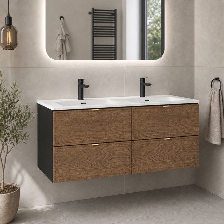 Set mobilier de baie Talia Casella, MDF, PAL melaminat, negru mat/stejar casella, lavoar Sky, L.120 cm, SET-TC 120CM UM SKY 1 MW