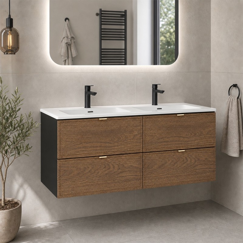 Set mobilier de baie Talia Casella, MDF, PAL melaminat, negru mat/stejar casella, lavoar Sky, L.120 cm, SET-TC 120CM UM SKY 1 MW
