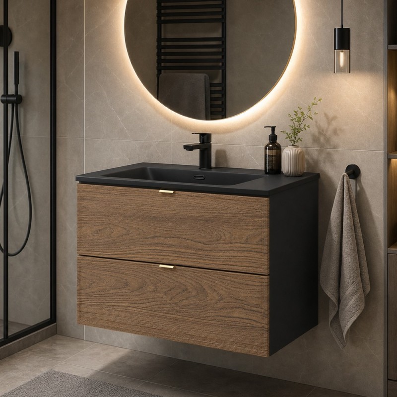 Set mobilier de baie Talia Casella, MDF, PAL melaminat, negru mat/stejar casella, lavoar Sky, L.60 cm, SET-TC 60CM UM SKY 1 BM