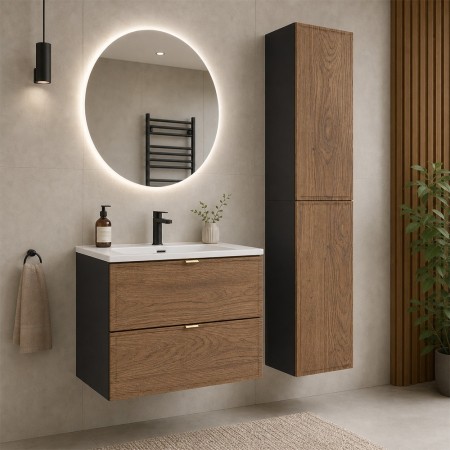Set mobilier de baie Talia Casella, MDF, PAL melaminat, negru mat/stejar casella, lavoar Sky, L.60 cm, 2 semicoloane H.160 cm, SET-TC 60CM UM SKY 2SP