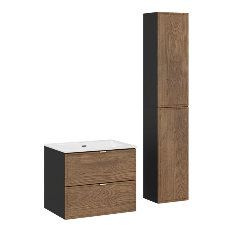Set mobilier de baie Talia Casella, MDF, PAL melaminat, negru mat/stejar casella, lavoar Sky, L.60 cm, 2 semicoloane H.160 cm, SET-TC 60CM UM SKY 2SP