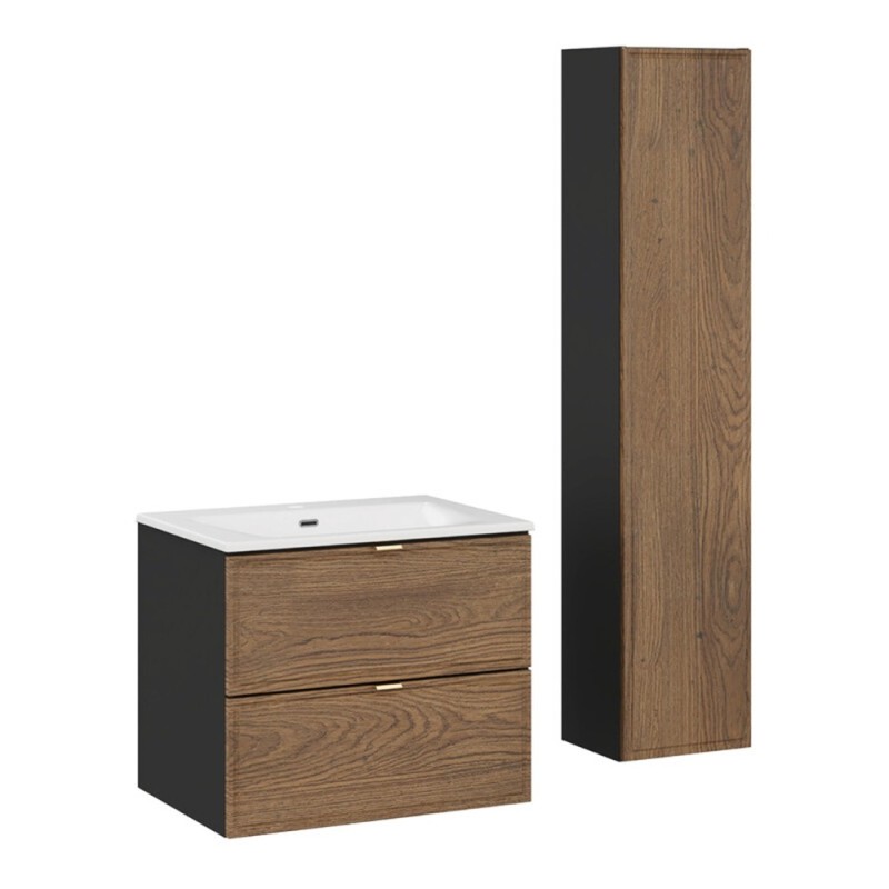 Set mobilier de baie Talia Casella, MDF, PAL melaminat, negru mat/stejar casella, lavoar Sky, L.60 cm, dulap inalt H.140 cm, SET-TC 60CM UM SKY HC