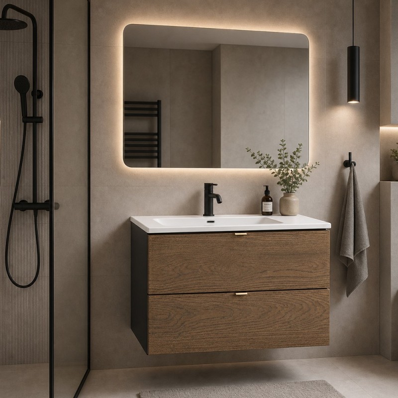 Set mobilier de baie Talia Casella, MDF, PAL melaminat, negru mat/stejar casella, lavoar Sky, L.80 cm, SET-TC 80CM UM SKY
