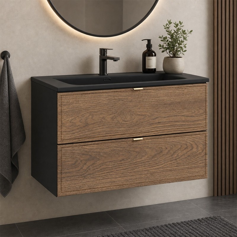 Set mobilier de baie Talia Casella, MDF, PAL melaminat, negru mat/stejar casella, lavoar Sky, L.80 cm, SET-TC 80CM UM SKY 1 BM