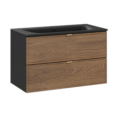 Set mobilier de baie Talia Casella, MDF, PAL melaminat, negru mat/stejar casella, lavoar Sky, L.80 cm, SET-TC 80CM UM SKY 1 BM
