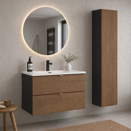 Set mobilier de baie Talia Casella, MDF, PAL melaminat, negru mat/stejar casella, lavoar Sky, L.80 cm, dulap inalt H.140 cm, SET-TC 80CM UM SKY HC