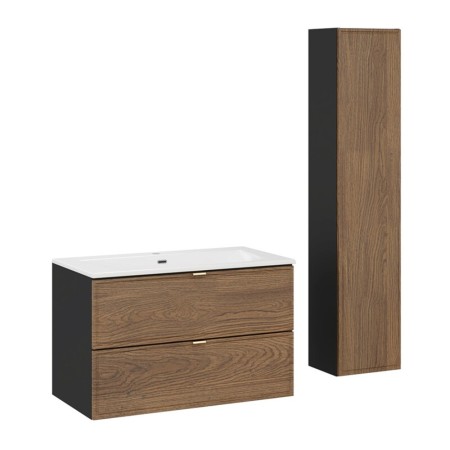 Set mobilier de baie Talia Casella, MDF, PAL melaminat, negru mat/stejar casella, lavoar Sky, L.80 cm, dulap inalt H.140 cm, SET-TC 80CM UM SKY HC