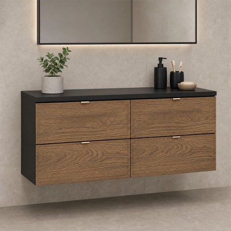 Set mobilier de baie Talia Casella, MDF, PAL melaminat, negru mat/stejar casella, blat negru mat, L.120 cm, SET-TC B BLACK 120CM