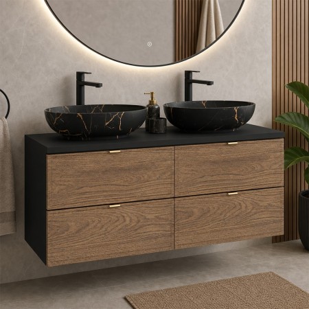 Set mobilier de baie Talia Casella, MDF, PAL melaminat, negru mat/stejar casella, blat negru mat, L.120 cm, lavoare Mona, SET-TC B BLACK 120CM UN MONA