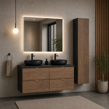 Set mobilier de baie Talia Casella, MDF, PAL melaminat, negru mat/stejar casella, blat negru mat, L.120 cm, lavoare River, oglinda LED, dulap inalt H.140 cm, SET-TC B BLACK 120CM UN RIVER BM HC