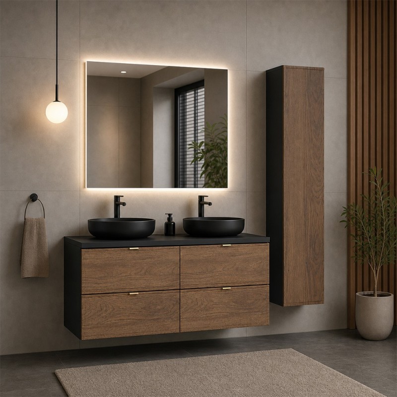 Set mobilier de baie Talia Casella, MDF, PAL melaminat, negru mat/stejar casella, blat negru mat, L.120 cm, lavoare River, oglinda LED, dulap inalt H.140 cm, SET-TC B BLACK 120CM UN RIVER BM HC