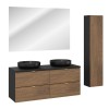 Set mobilier de baie Talia Casella, MDF, PAL melaminat, negru mat/stejar casella, blat negru mat, L.120 cm, lavoare River, oglinda LED, dulap inalt H.140 cm, SET-TC B BLACK 120CM UN RIVER BM HC
