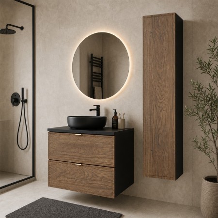 Set mobilier de baie Talia Casella, MDF, PAL melaminat, negru mat/stejar casella, blat negru mat, L.60 cm, dulap inalt H.140 cm, SET-TC B BLACK 60CM HC