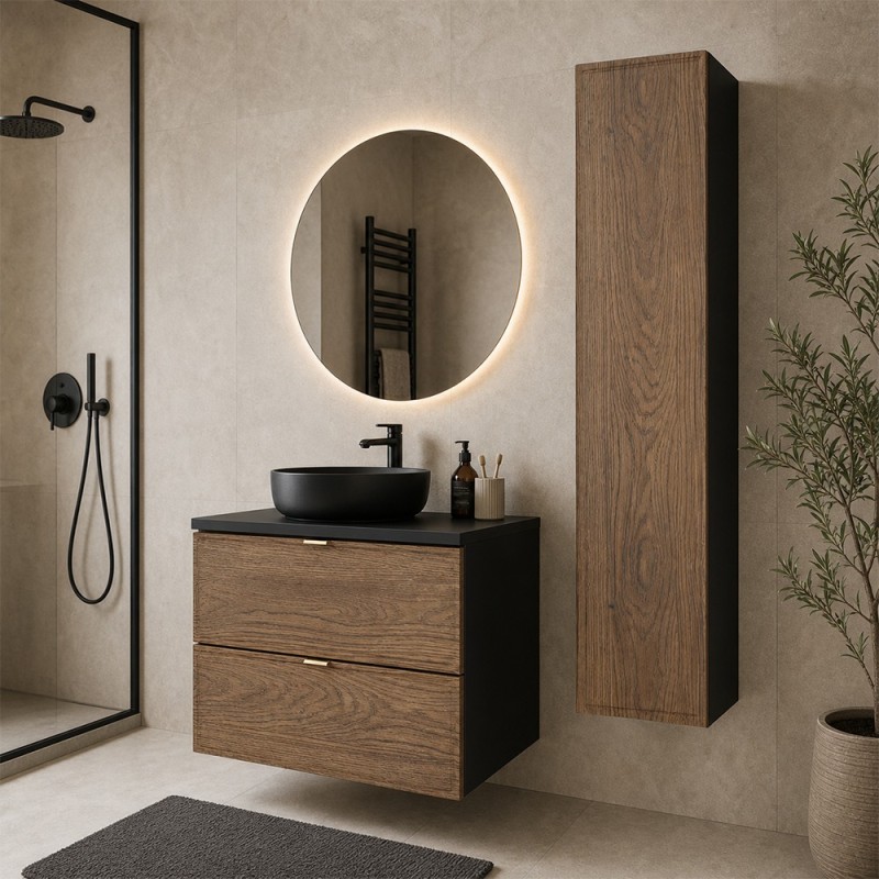 Set mobilier de baie Talia Casella, MDF, PAL melaminat, negru mat/stejar casella, blat negru mat, L.60 cm, dulap inalt H.140 cm, SET-TC B BLACK 60CM HC