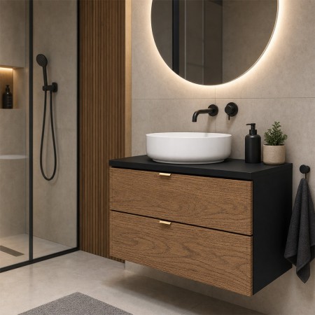 Set mobilier de baie Talia Casella, MDF, PAL melaminat, negru mat/stejar casella, blat negru mat, L.60 cm, lavoar Maja, SET-TC B BLACK 60CM UN MAJA
