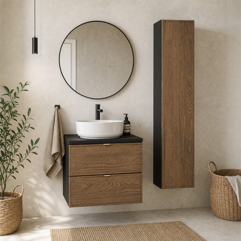 Set mobilier de baie Talia Casella, MDF, PAL melaminat, negru mat/stejar casella, blat negru mat, L.60 cm, lavoar Maja, dulap inalt H.140 cm, SET-TC B BLACK 60CM UN MAJA HC