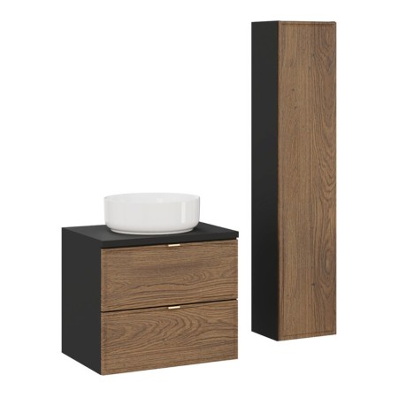 Set mobilier de baie Talia Casella, MDF, PAL melaminat, negru mat/stejar casella, blat negru mat, L.60 cm, lavoar Maja, dulap inalt H.140 cm, SET-TC B BLACK 60CM UN MAJA HC