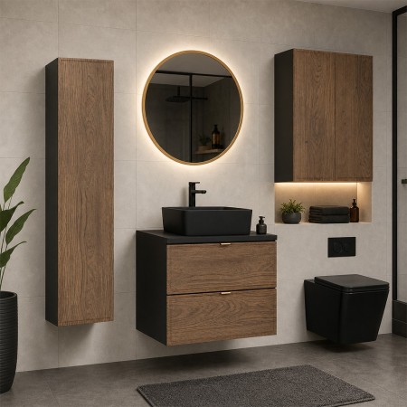 Set mobilier de baie Talia Casella, MDF, PAL melaminat, negru mat/stejar casella, blat negru mat, L.60 cm, lavoar Slim, oglinda LED, vas de toaleta, 2 semicoloane H.80 cm, dulap inalt H.140 cm, SET-TC B BLACK 60CM UN SLIM BL HC