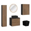 Set mobilier de baie Talia Casella, MDF, PAL melaminat, negru mat/stejar casella, blat negru mat, L.60 cm, lavoar Slim, oglinda LED, vas de toaleta, 2 semicoloane H.80 cm, dulap inalt H.140 cm, SET-TC B BLACK 60CM UN SLIM BL HC
