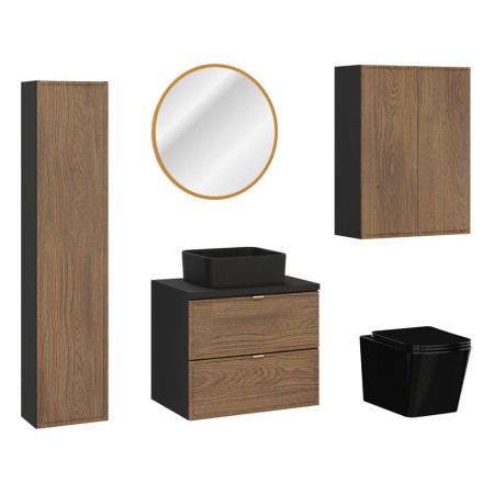Set mobilier de baie Talia Casella, MDF, PAL melaminat, negru mat/stejar casella, blat negru mat, L.60 cm, lavoar Slim, oglinda LED, vas de toaleta, 2 semicoloane H.80 cm, dulap inalt H.140 cm, SET-TC B BLACK 60CM UN SLIM BL HC