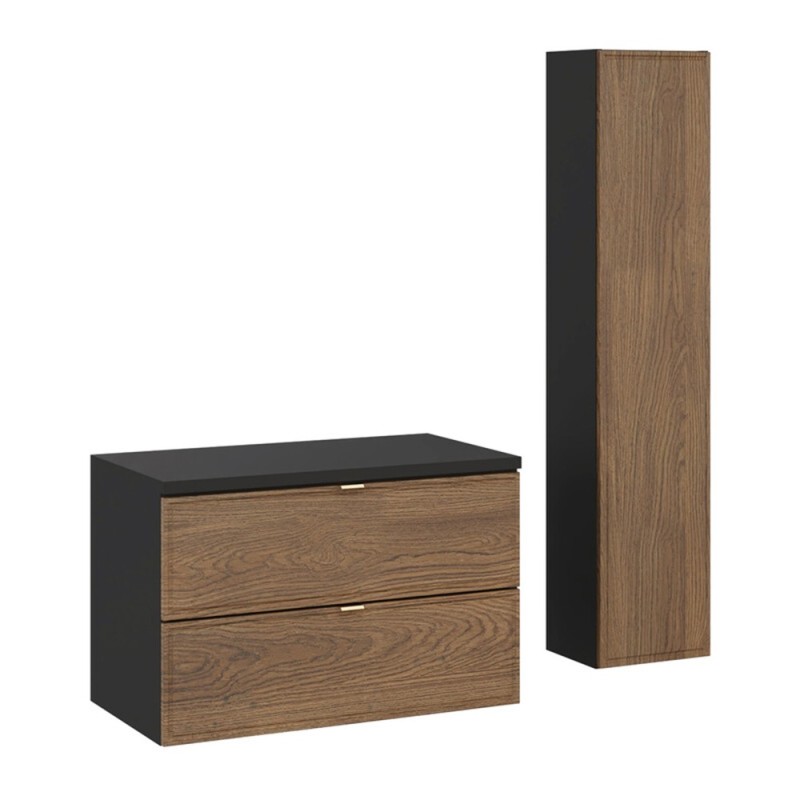 Set mobilier de baie Talia Casella, MDF, PAL melaminat, negru mat/stejar casella, blat negru mat, L.80 cm, dulap inalt H.140 cm, SET-TC B BLACK 80CM HC