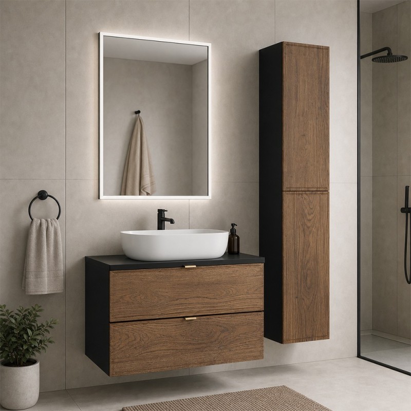 Set mobilier de baie Talia Casella, MDF, PAL melaminat, negru mat/stejar casella, blat negru mat, L.80 cm, lavoar Smile, oglinda LED, 2 semicoloane H.160 cm, SET-TC B BLACK 80CM UN SMILE 2SP