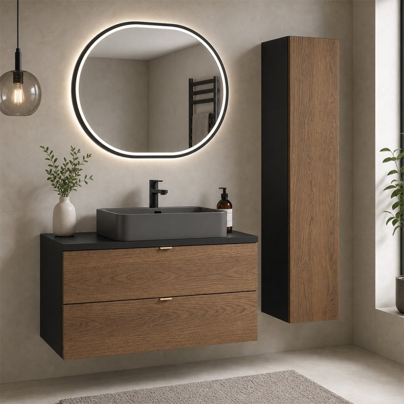Set mobilier de baie Talia Casella, MDF, PAL melaminat, negru mat/stejar casella, blat negru mat, L.80 cm, lavoar Trust, oglinda LED, dulap inalt H.140 cm, SET-TC B BLACK 80CM UN TRUST DG HC