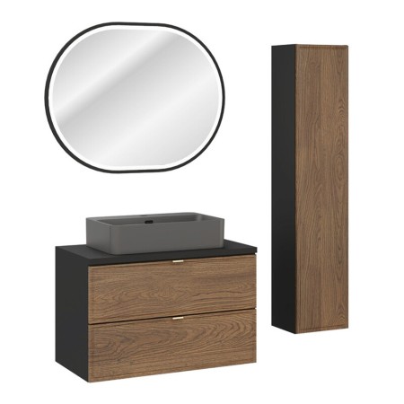 Set mobilier de baie Talia Casella, MDF, PAL melaminat, negru mat/stejar casella, blat negru mat, L.80 cm, lavoar Trust, oglinda LED, dulap inalt H.140 cm, SET-TC B BLACK 80CM UN TRUST DG HC