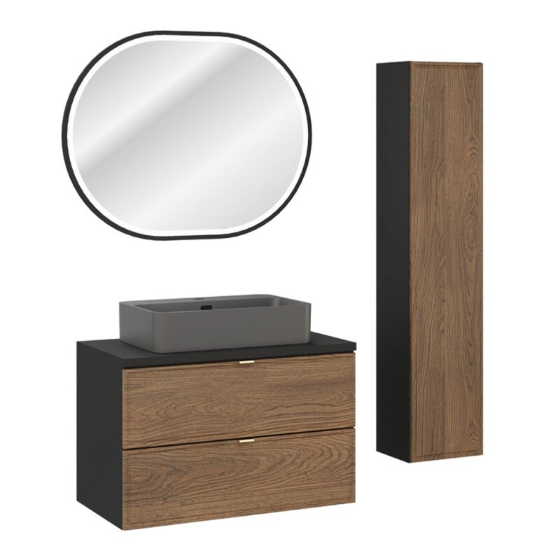 Set mobilier de baie Talia Casella, MDF, PAL melaminat, negru mat/stejar casella, blat negru mat, L.80 cm, lavoar Trust, oglinda LED, dulap inalt H.140 cm, SET-TC B BLACK 80CM UN TRUST DG HC