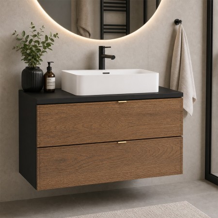 Set mobilier de baie Talia Casella, MDF, PAL melaminat, negru mat/stejar casella, blat negru mat, L.80 cm, lavoar Trust, SET-TC B BLACK 80CM UN TRUST WH