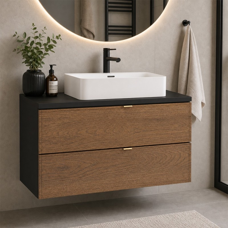 Set mobilier de baie Talia Casella, MDF, PAL melaminat, negru mat/stejar casella, blat negru mat, L.80 cm, lavoar Trust, SET-TC B BLACK 80CM UN TRUST WH