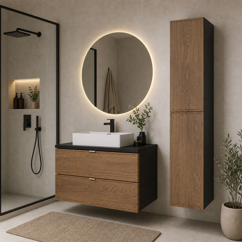 Set mobilier de baie Talia Casella, MDF, PAL melaminat, negru mat/stejar casella, lavoar Trust, L.80 cm, 2 semicoloane H.160 cm, SET-TC B BLACK 80CM UN TRUST WH 2SP