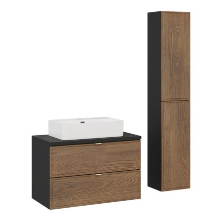 Set mobilier de baie Talia Casella, MDF, PAL melaminat, negru mat/stejar casella, lavoar Trust, L.80 cm, 2 semicoloane H.160 cm, SET-TC B BLACK 80CM UN TRUST WH 2SP