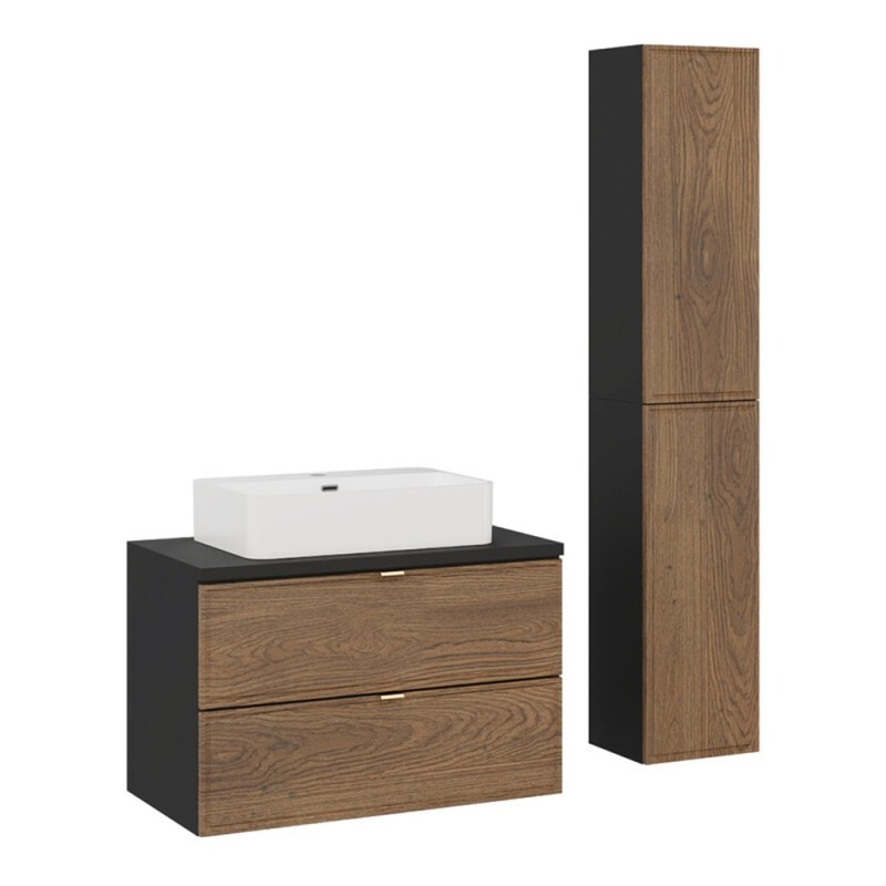 Set mobilier de baie Talia Casella, MDF, PAL melaminat, negru mat/stejar casella, lavoar Trust, L.80 cm, 2 semicoloane H.160 cm, SET-TC B BLACK 80CM UN TRUST WH 2SP