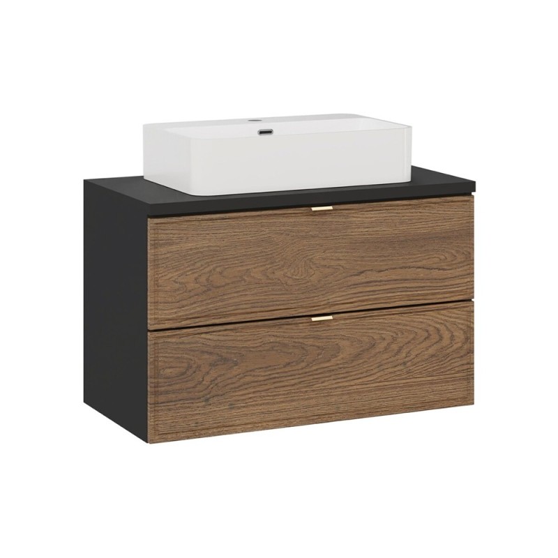 Set mobilier de baie Talia Casella, MDF, PAL melaminat, negru mat/stejar casella, blat negru mat, L.80 cm, lavoar Trust, SET-TC B BLACK 80CM UN TRUST WH