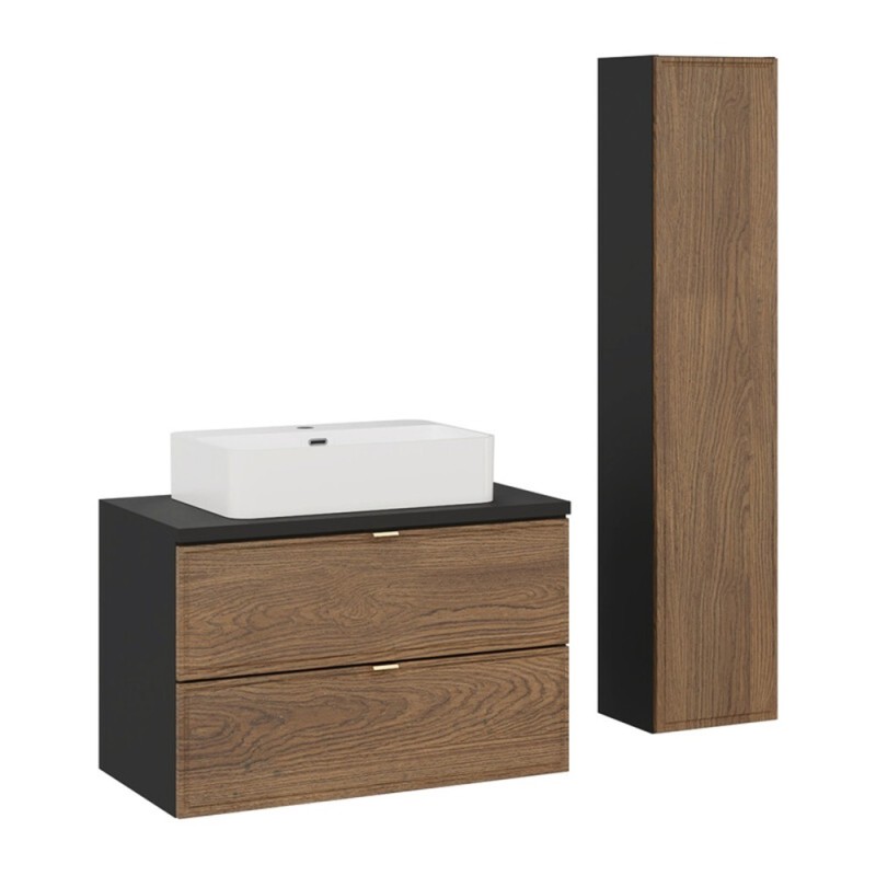 Set mobilier de baie Talia Casella, MDF, PAL melaminat, negru mat/stejar casella, lavoar Trust, L.80 cm, dulap inalt H.140 cm, SET-TC B BLACK 80CM UN TRUST WH HC