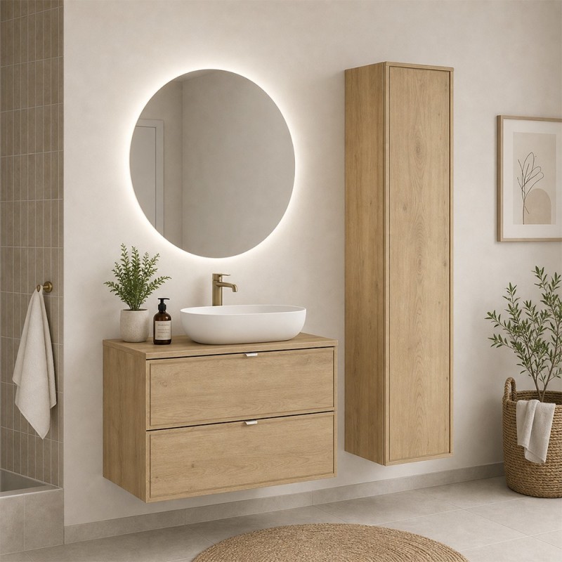 Set mobilier de baie Terra Cremona, MDF, PAL melaminat, stejar cremona, blat stejar cremona, L.60 cm, dulap inalt H.140 cm, SET-TEC B CREMONA 60CM HC