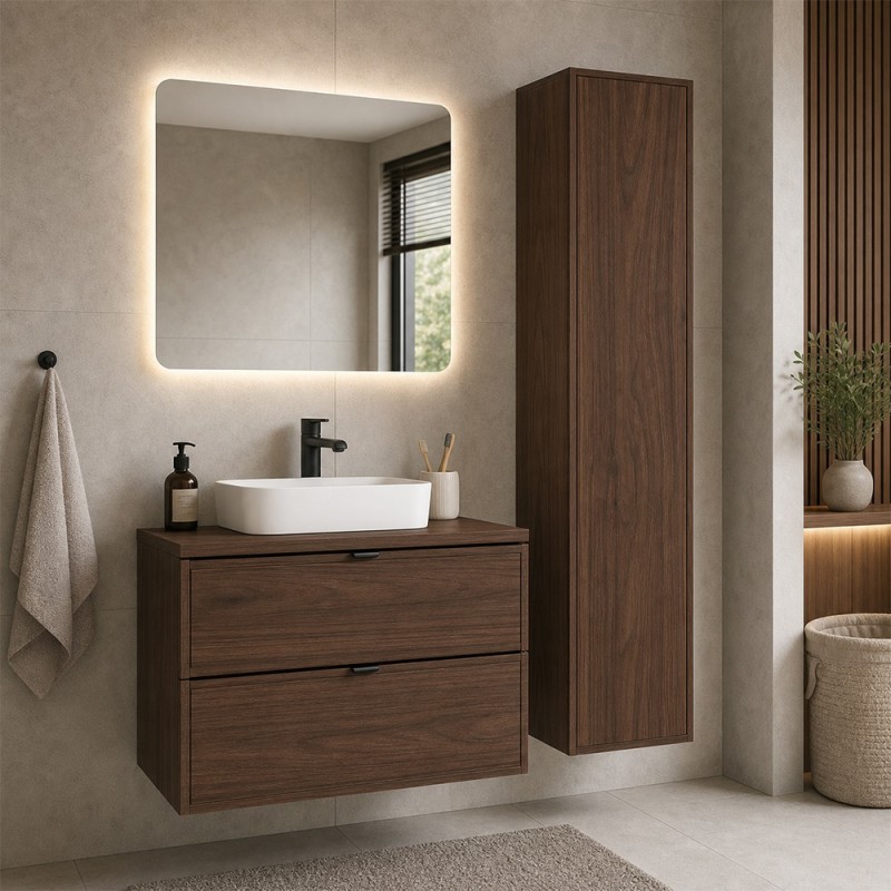 Set mobilier de baie Terra Villa, MDF, PAL melaminat, maro nuc, blat maro nuc, L.60 cm, dulap inalt H.140 cm, SET-TEV B VILLA 60CM HC