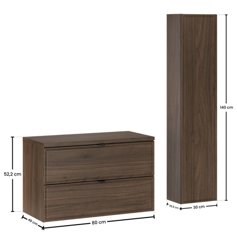 Set mobilier de baie Terra Villa, MDF, PAL melaminat, maro nuc, blat maro nuc, L.80 cm, dulap inalt H.140 cm, SET-TEV B VILLA 80CM HC