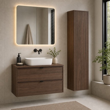 Set mobilier de baie Terra Villa, MDF, PAL melaminat, maro nuc, blat maro nuc, L.80 cm, dulap inalt H.140 cm, SET-TEV B VILLA 80CM HC