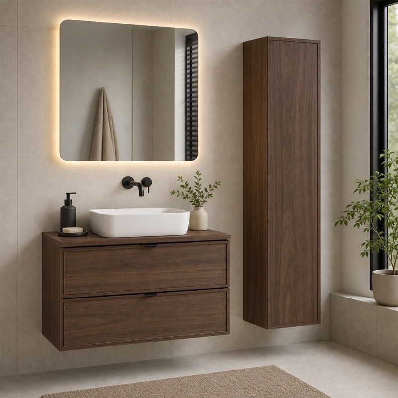 Set mobilier de baie Terra Villa, MDF, PAL melaminat, maro nuc, blat maro nuc, L.80 cm, dulap inalt H.140 cm, SET-TEV B VILLA 80CM HC