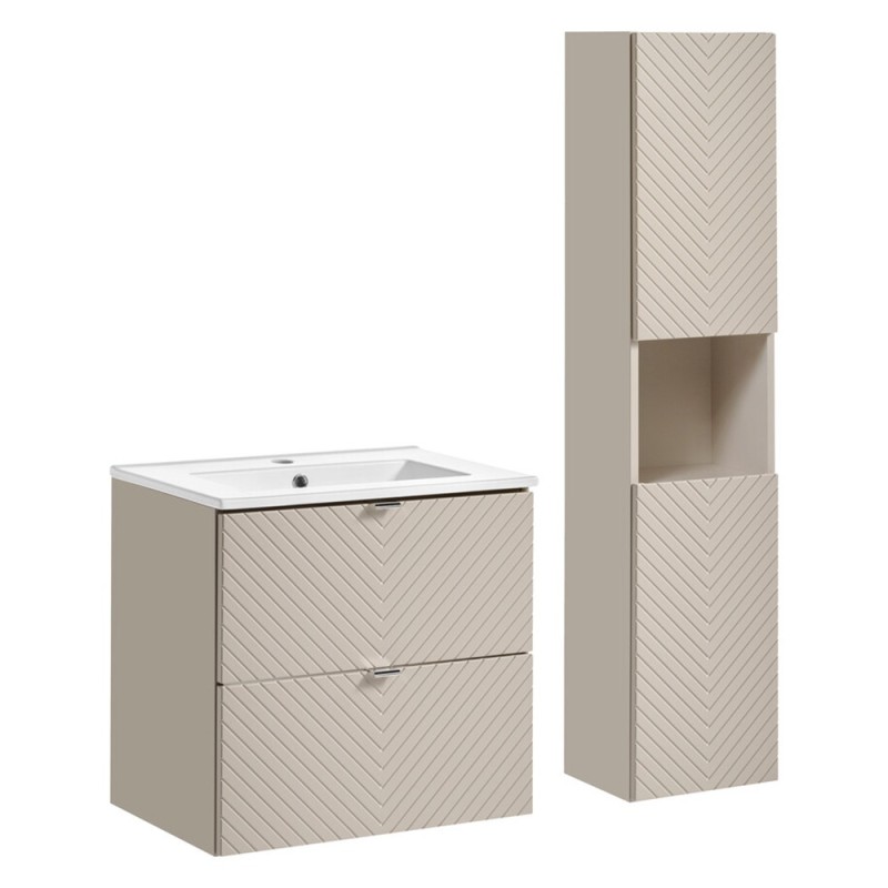 Set mobilier de baie Viva Cashmere, MDF, PAL melaminat, cashmir mat, lavoar Dance, L.60 cm, dulap inalt H.140 cm, SET-VIC 60CM S DANCE HC