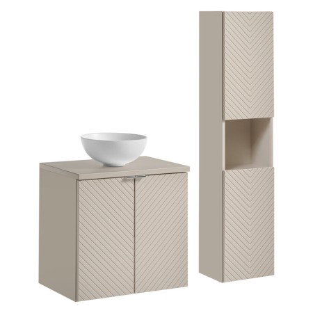Set mobilier de baie Viva Cashmere, MDF, PAL melaminat, cashmir mat, blat cashmir mat, L.60 cm, lavoar Domi, dulap inalt H.140 cm, SET-VIC B CASHMERE 60CM D UN DOMI MW HC