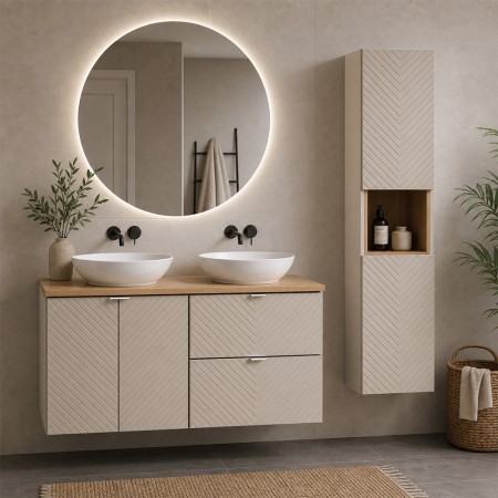 Set mobilier de baie Viva Cashmere, MDF, PAL melaminat, cashmir mat, blat stejar evoke, L.120 cm, lavoare Lola, dulap inalt H.140 cm, SET-VIC B OAK 120CM D/S UN LOLA GW HC