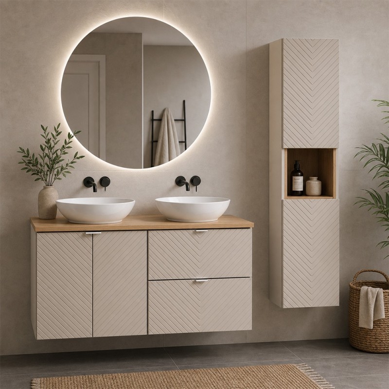 Set mobilier de baie Viva Cashmere, MDF, PAL melaminat, cashmir mat, blat stejar evoke, L.120 cm, lavoare Lola, dulap inalt H.140 cm, SET-VIC B OAK 120CM D/S UN LOLA GW HC